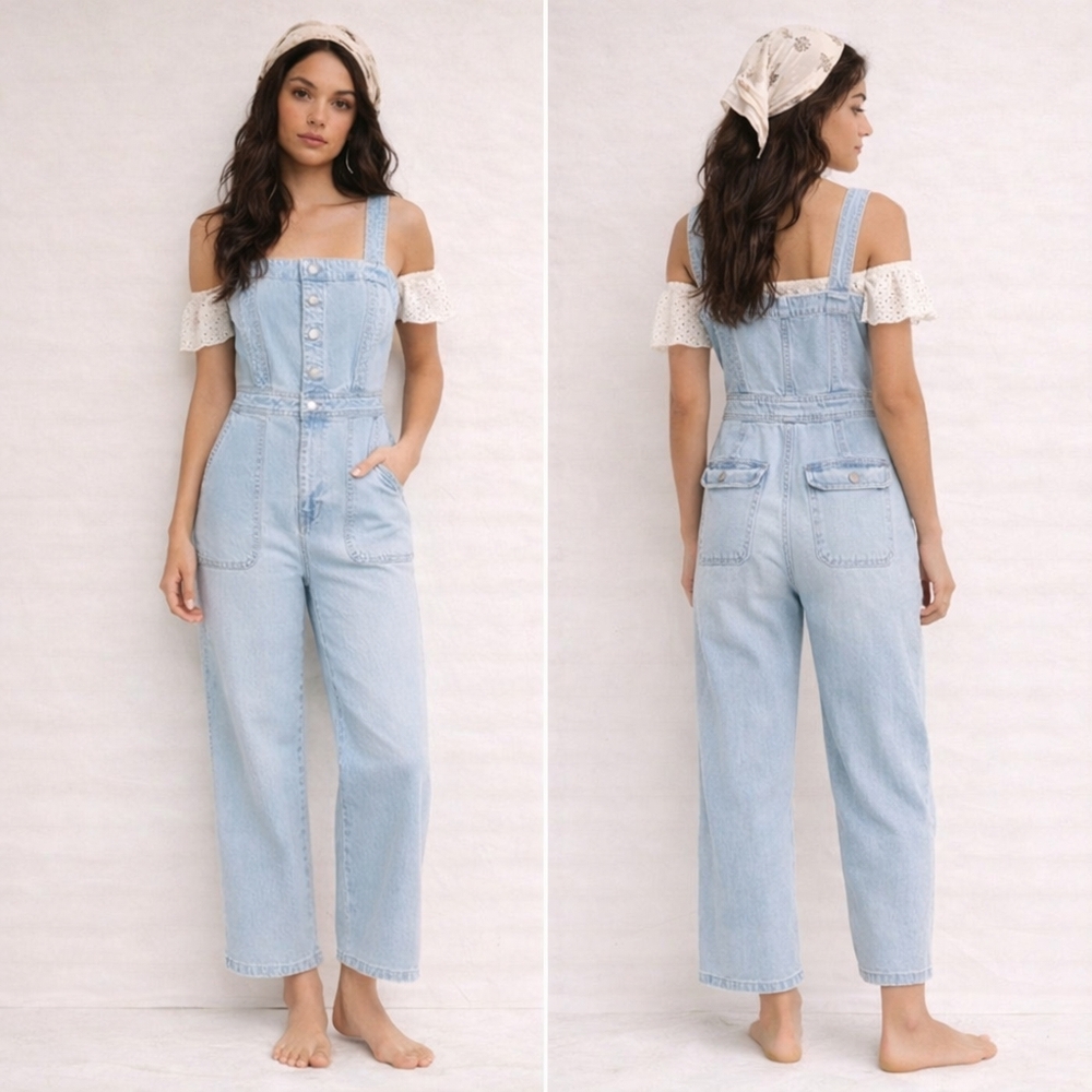Madewell Denim Jumpsuit Light Wash Wide Leg Button Front Utility Romper J1870 - Picture 2 of 12